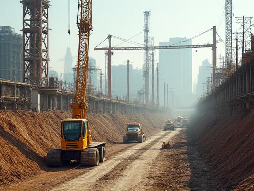 Urban infrastructure development with cranes and construction vehicles